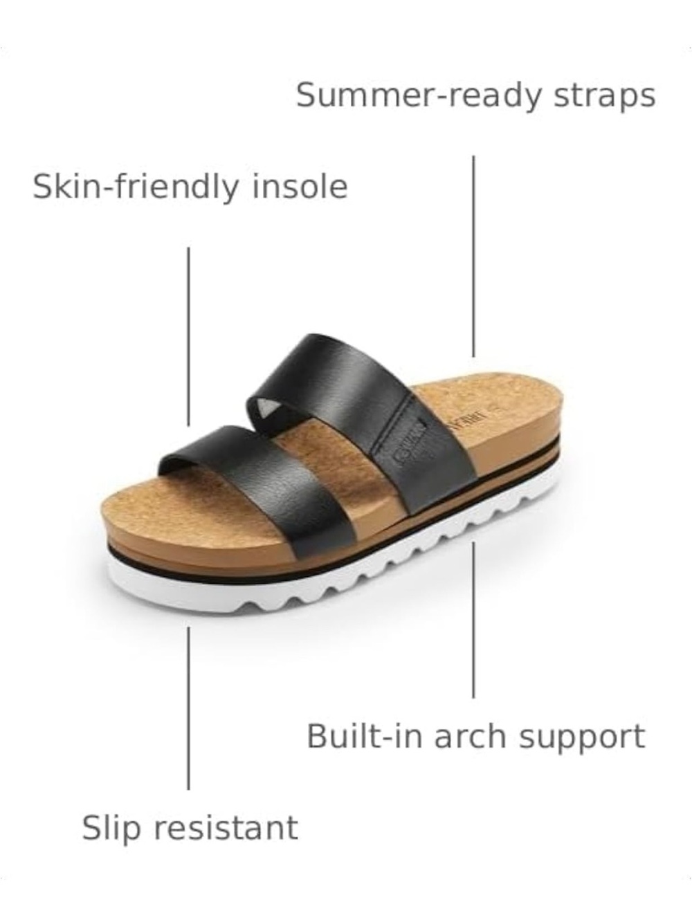 Reef Women’s Black Dual-Strap Cork Slide Sandals with White Outsole,cushion soul - Picture 3 of 11